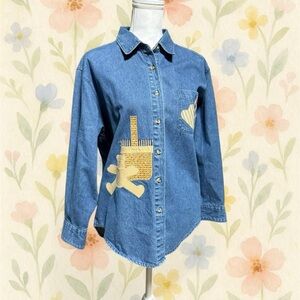 Vintage Teddy Bear Applique Denim Button Up Shirt Cottagecore Picnic Top